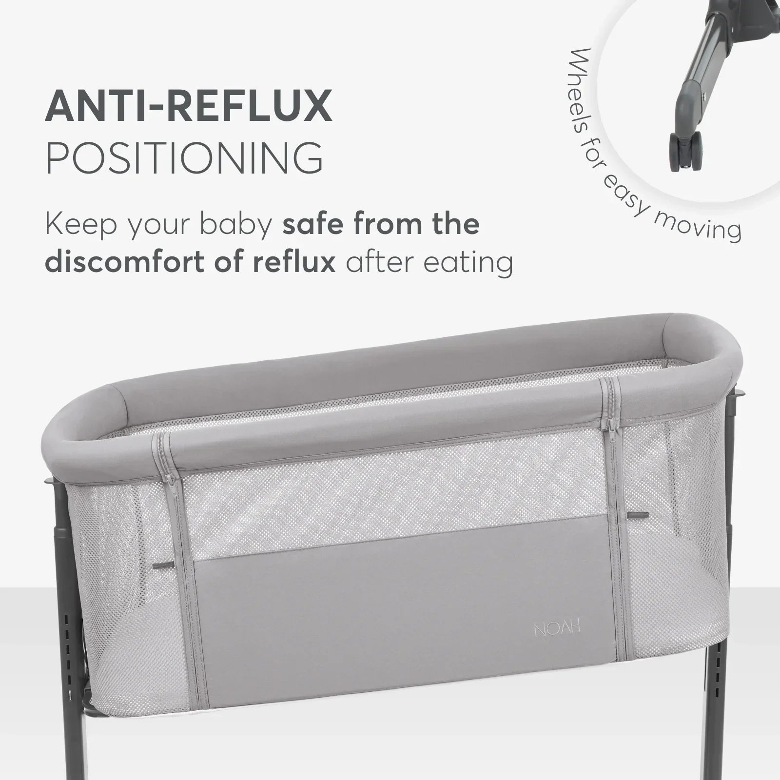 Kikkaboo Noah Bedside Crib Light Grey Age- Newborn to 6 Months