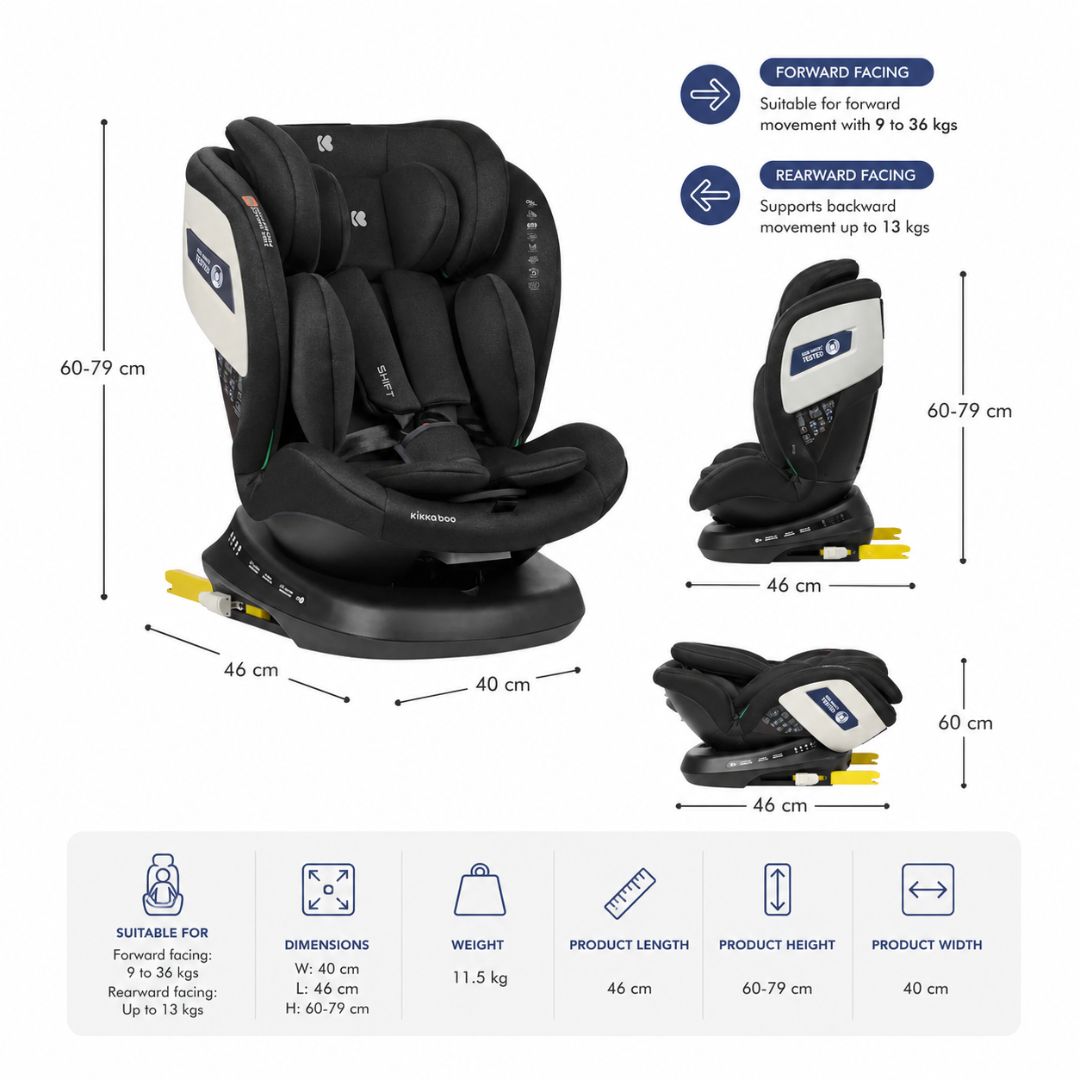 Kikkaboo Shift Isofix Carseat 0-1-2-3 (0-36 Kg) Black Age- Newborn upto 12 Years