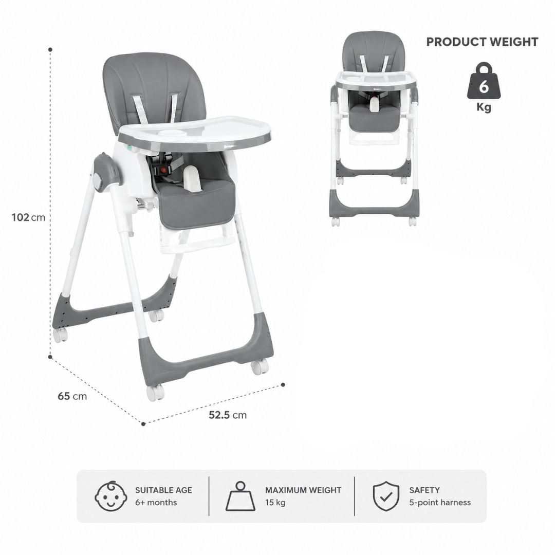 Kikkaboo Spicy Folding Dining Chair with Metal Frame & Leather Seat Grey Age-6 Months & Above
