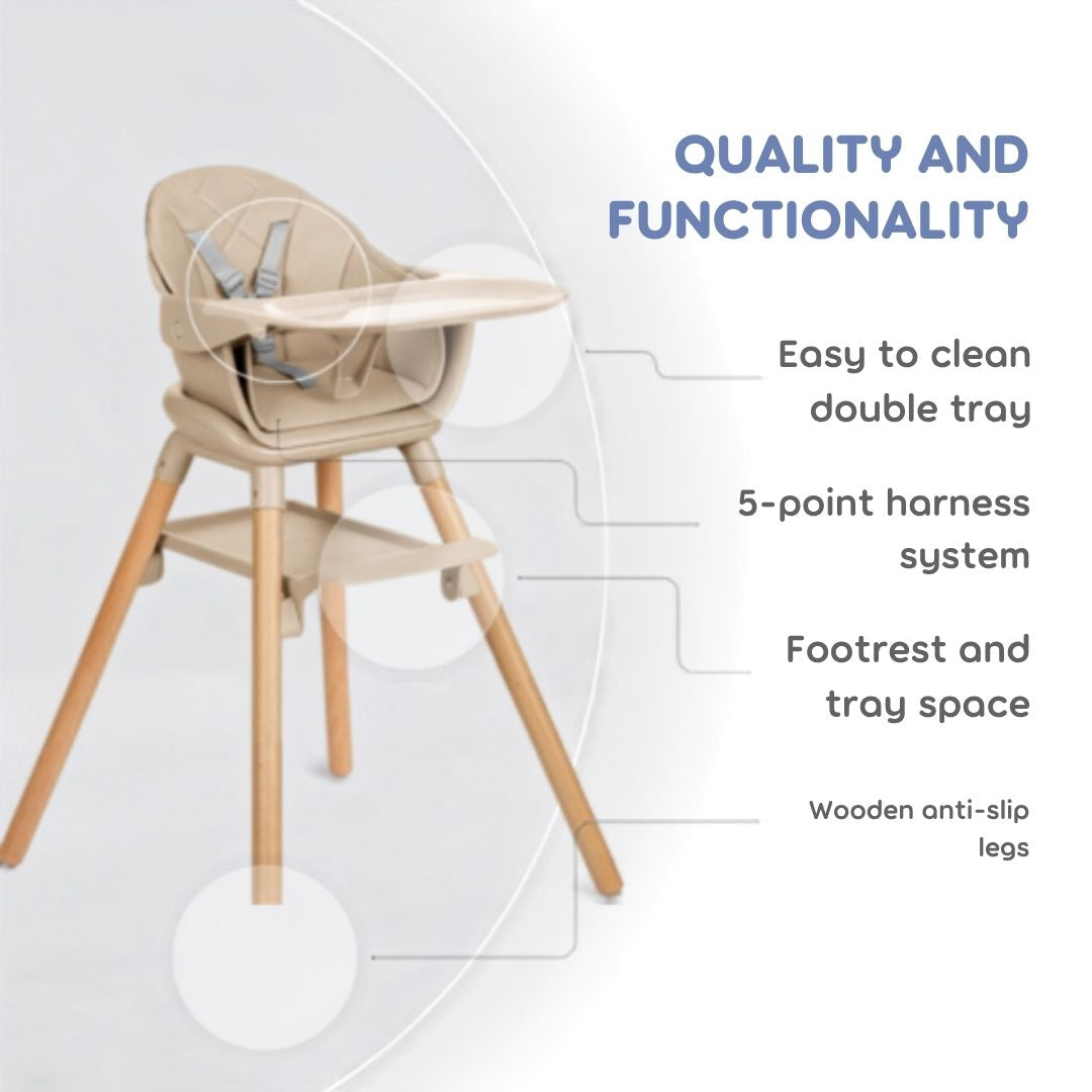Kikkaboo Woody 2-in-1 Wooden Feeding High Chair Beige Age-6 Months & Above