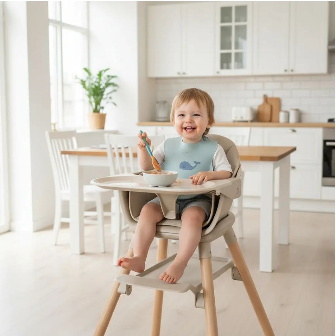Kikkaboo Woody 2-in-1 Wooden Feeding High Chair Beige Age-6 Months & Above