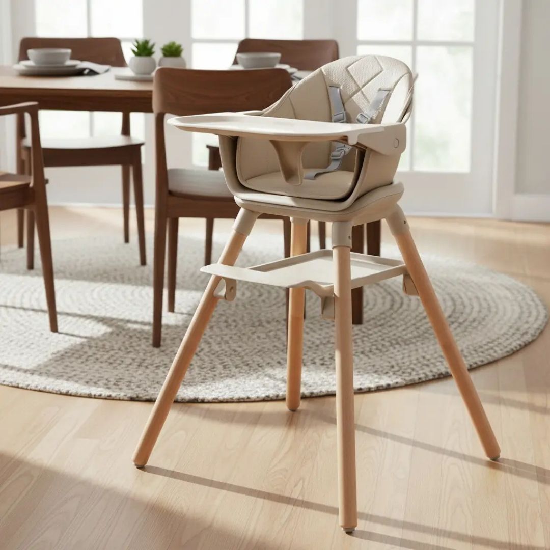 Kikkaboo Woody 2-in-1 Wooden Feeding High Chair Beige Age-6 Months & Above