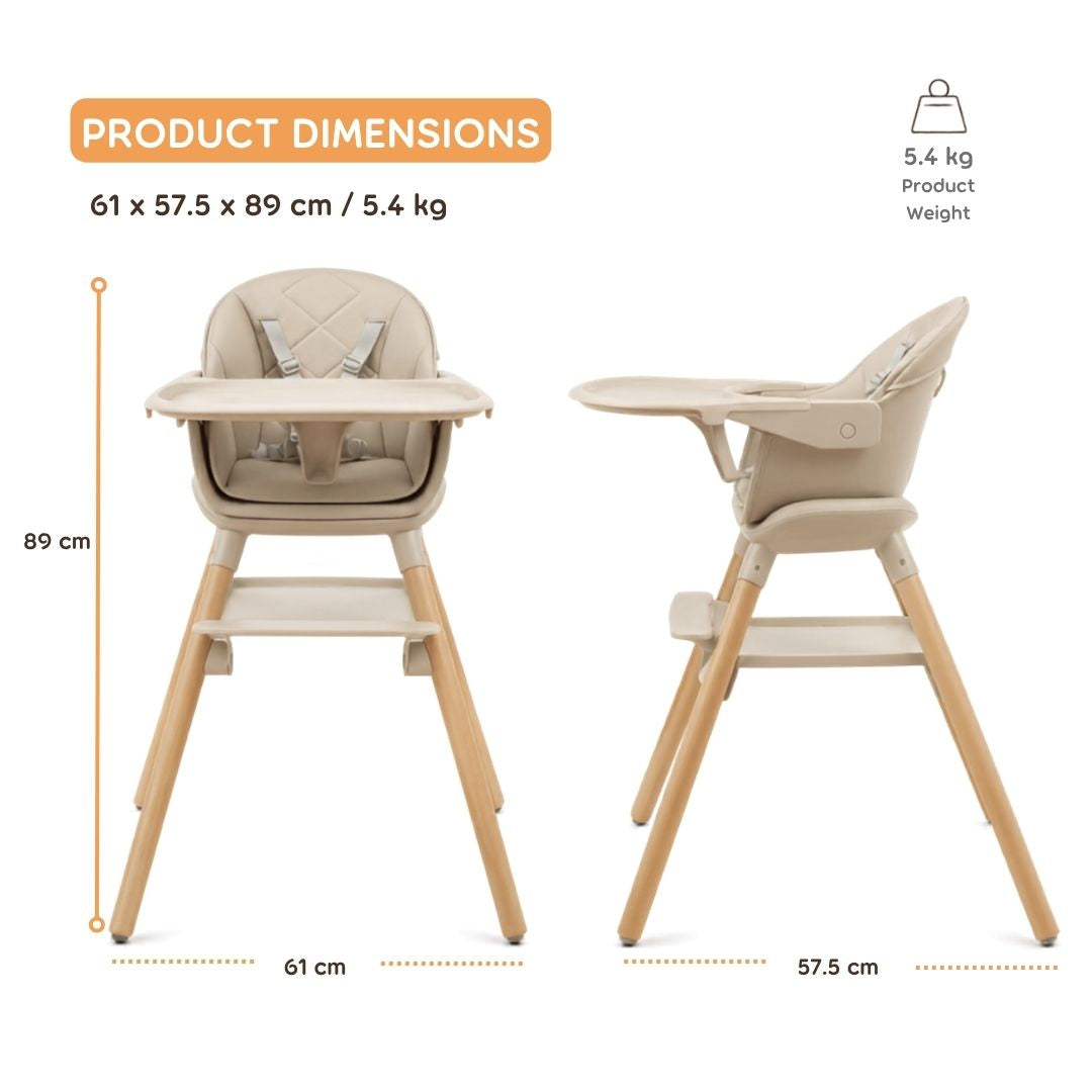 Kikkaboo Woody 2-in-1 Wooden Feeding High Chair Beige Age-6 Months & Above