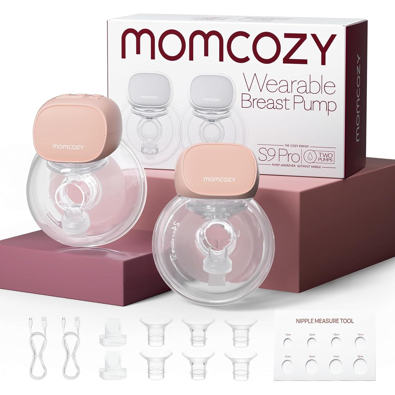 Momcozy S9 Pro Double Wearable, Hands-Free Portable Electric Breast Pump with 2 Modes & 9 Levels Pink - 24mm BP099-PU00BA-A