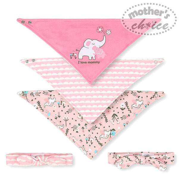Motherschoice Baby Bibs and Headbands Set of 5 Pink/White IT3041
