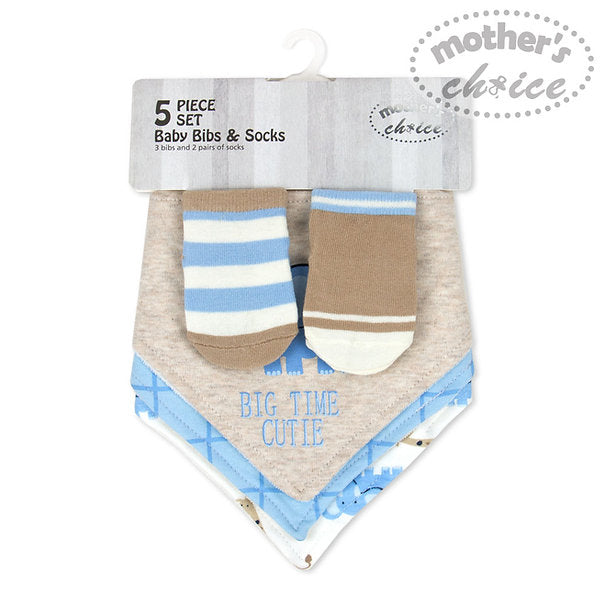 Motherschoice Baby Boy Elephant Themed Big Time Cutie Bibs and Socks Set of 5 Blue/Brown/White IT3037 Age- Newborn & Above