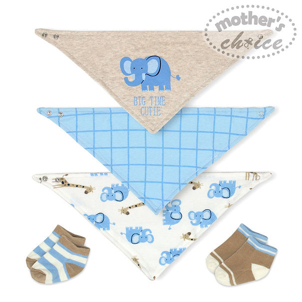 Motherschoice Baby Boy Elephant Themed Big Time Cutie Bibs and Socks Set of 5 Blue/Brown/White IT3037 Age- Newborn & Above