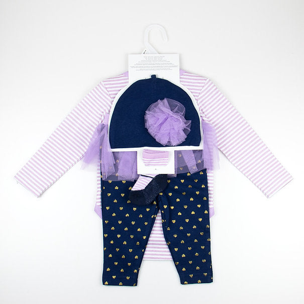 Motherschoice Baby Girl 4-Piece Layette Set- Bodysuit, Pants, Socks and Beanie Navy/Lilac IT1171