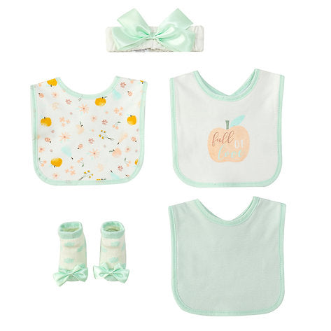 Motherschoice Baby Girls Floral 5-Pack Bibs, Socks and Headband Set Pastel Green/White IT4758 Age- Newborn to 6 Months