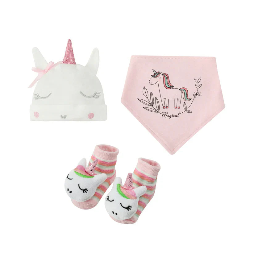Motherschoice Baby Girls Unicorn 3-Pcs Gift set with Hat, Bibs,Rattle Socks Pink IT4756