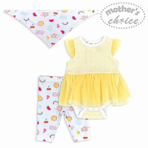 Motherschoice Infant Girls Fruits Themed 3 Piece Set Bodysuit, Pants & Bib Yellow/White IT2299