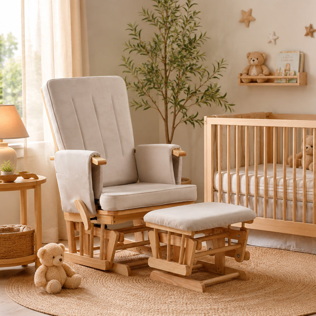 Peekaboo Premium Cushioned Breastfeeding Rocking Chair with Ottoman, Solid Wood Frame â€“ Natural Brown