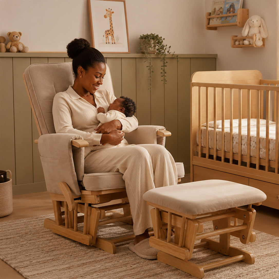Peekaboo Premium Cushioned Breastfeeding Rocking Chair with Ottoman, Solid Wood Frame â€“ Natural Brown