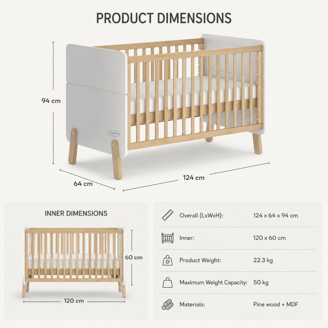 Peekaboo's 2 In 1 Wooden Convertible Crib (Baby Cot+Toddler Bed) White Age- Newborn to 5 Years