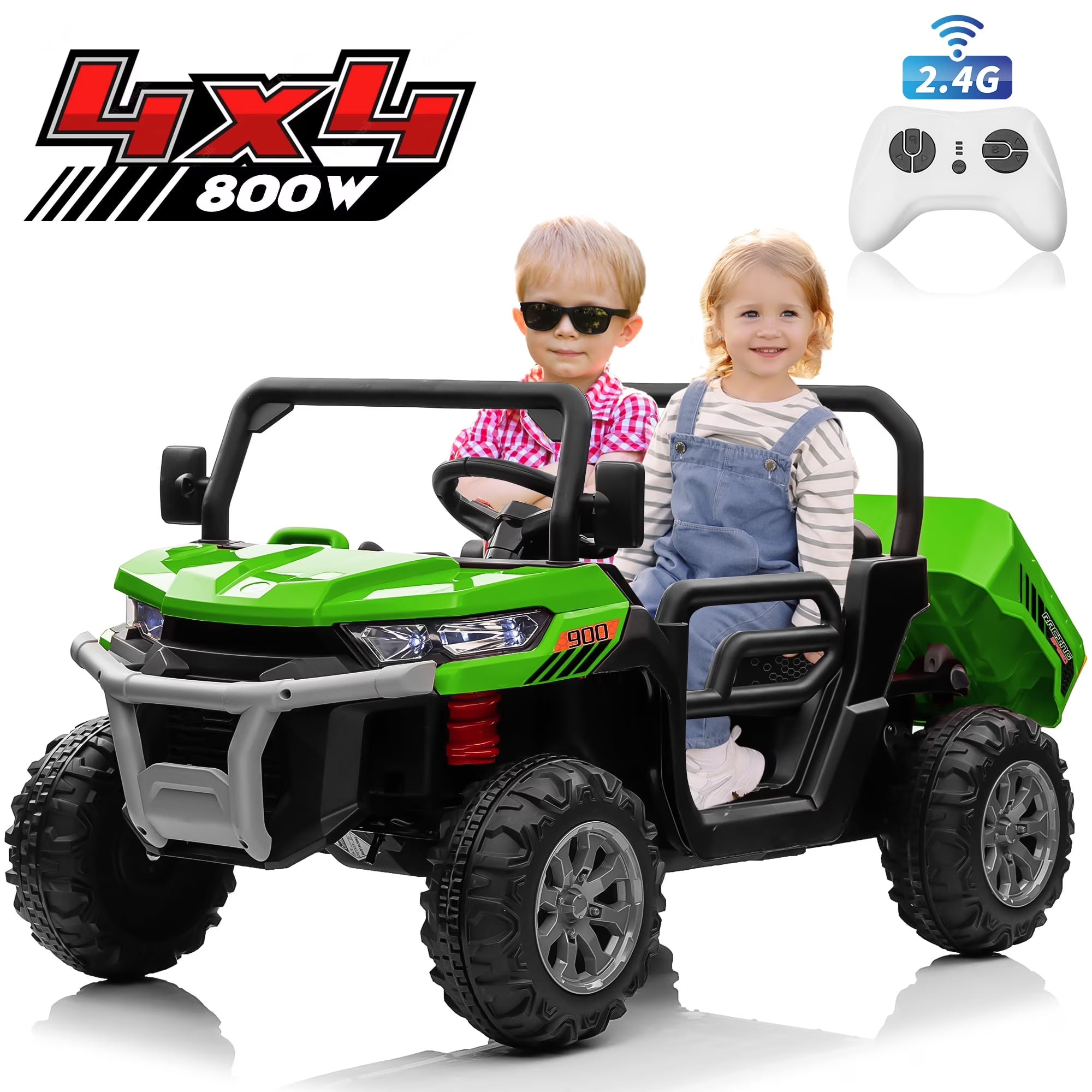 Pibi 24V Kids  UTV Truck Dumper with 2 Seater Electric Ride-On Tractor with Remote Control, Dump Bed, Bluetooth & LED Lights Green Age- 3 Years & Above