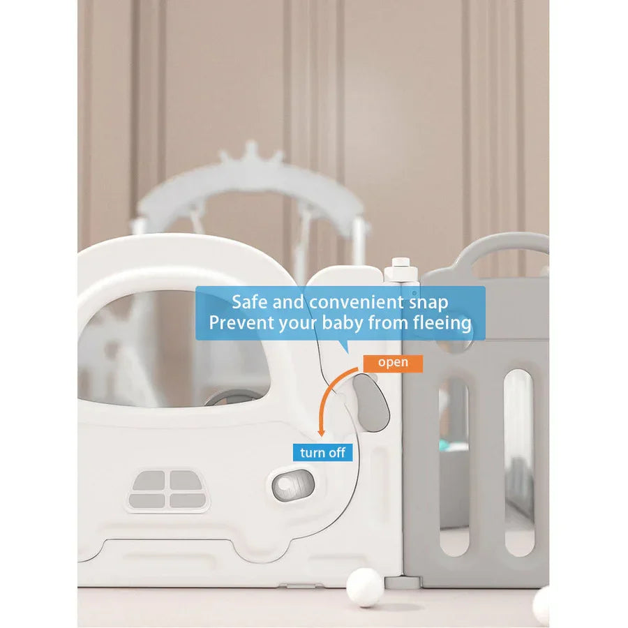 Pibi 2 in 1 Foldable Car Playpen White & Grey (14+2 Pieces) with a Basketball Hoop Age- 6 Months to 3 Years