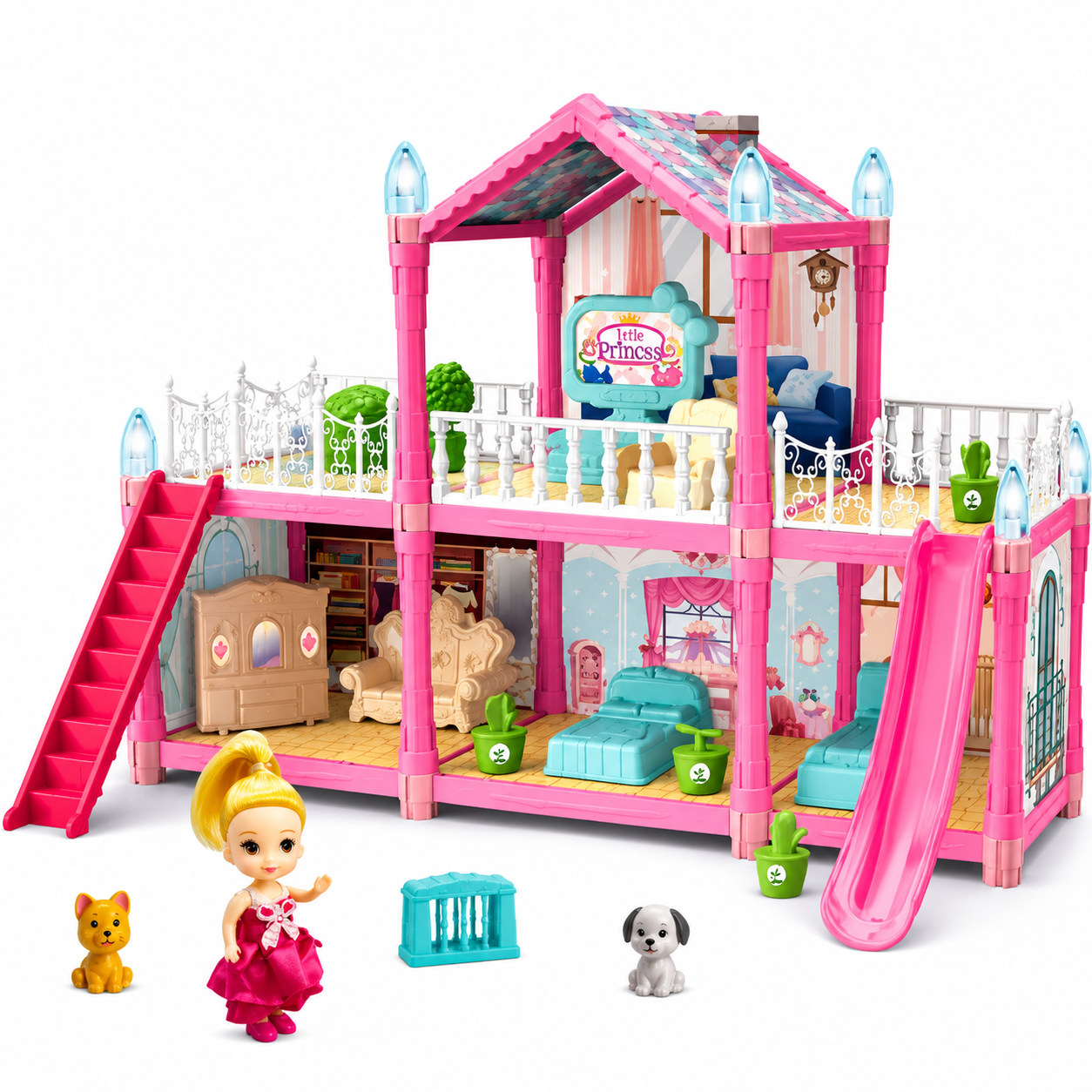 Pibi Villa 2-Storey DIY Doll House Play Set with Doll, Furniture & Slide 115 Pieces Age- 3 Years & Above
