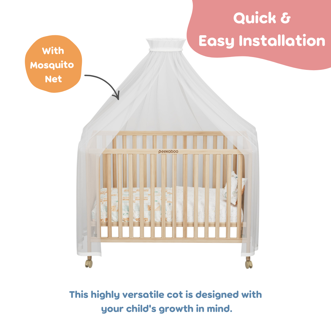Peekaboo Wooden Cot/ Crib Bed with Level Height Adjustment
