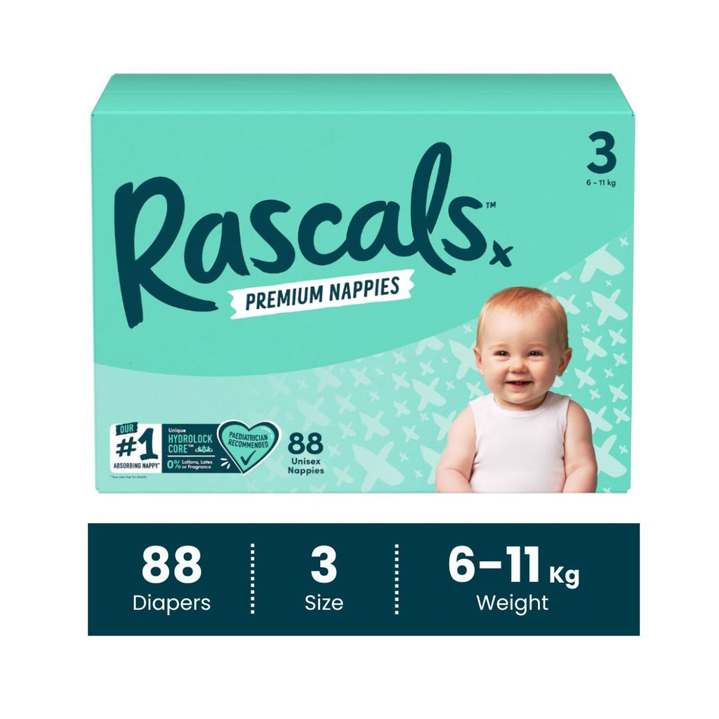 Rascals Premium Baby Tape Diapers Jumbo Box - Size 3, 6-11 kg, 88 Count