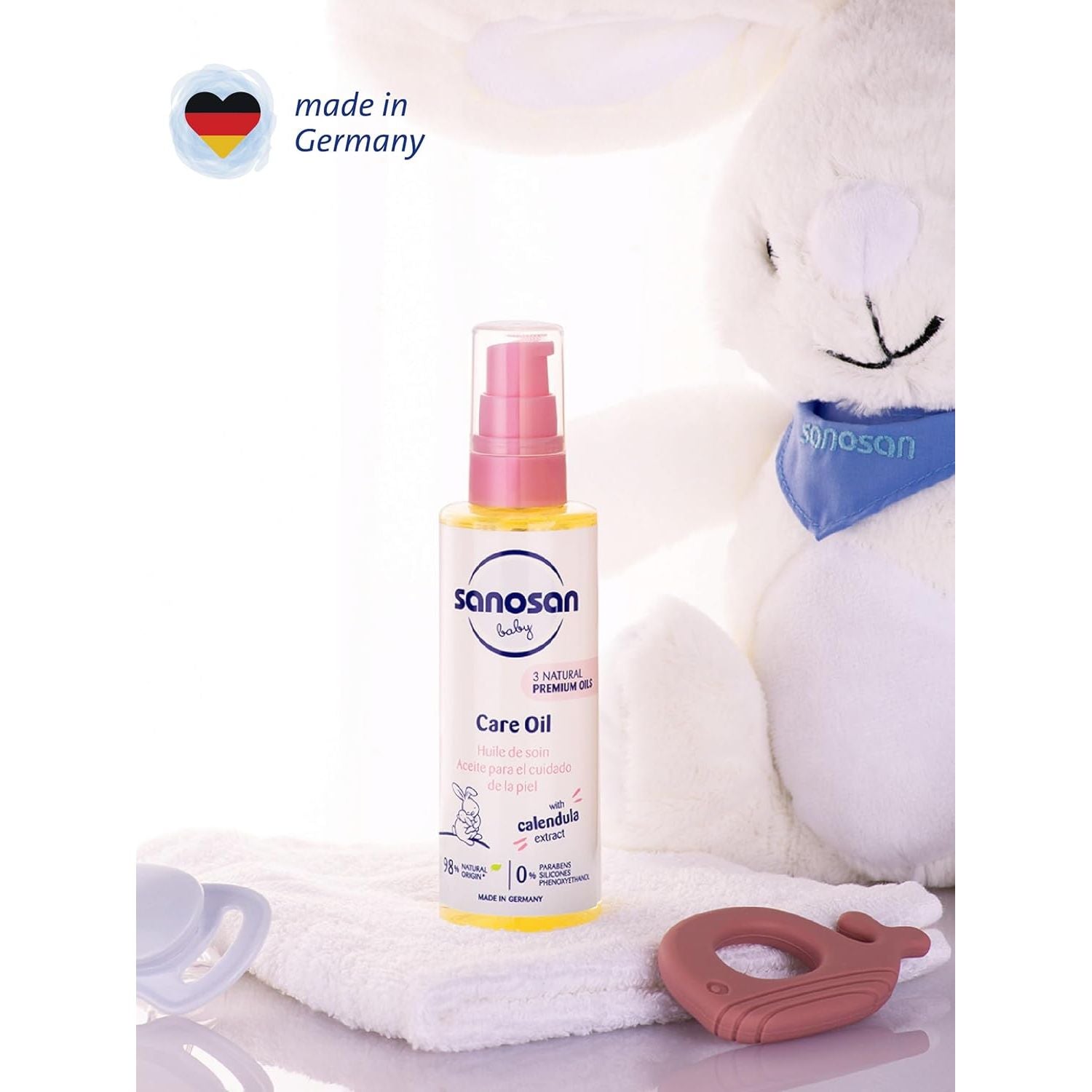 Sanosan Baby Care Oil PET-Bottle with Pump With Almond Oil, Organic Olive oil & Sunflower Seed Oil Biodegradable 100ml Age- Newborn & Above 