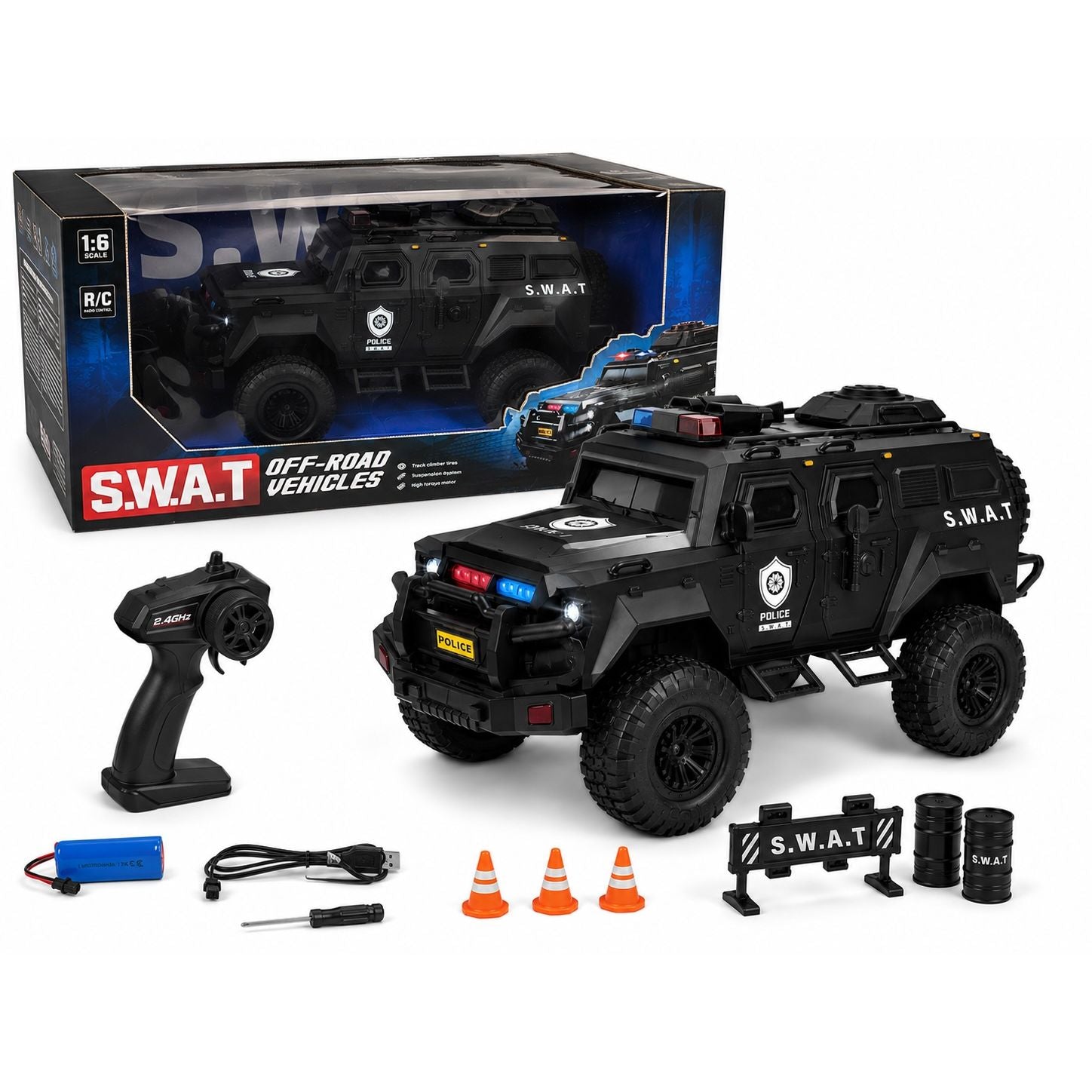 Sunmatt 1:16 Scale S.W.A.T Off-Road R/C Armoured Vehicle – 2.4GHz Remote Control Police Truck with LED Lights & Rechargeable Battery Age- 3 Years & Above