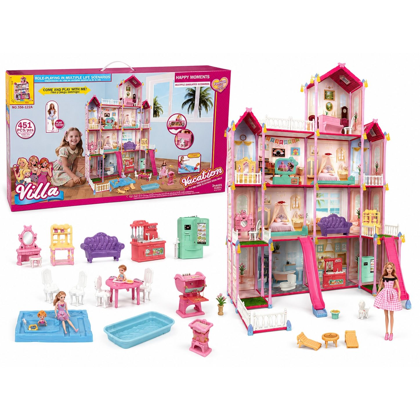 Sunmatt Multi-Storey Pretend Play 451-Piece Luxury Villa Dollhouse Play Set with Furniture, Swimming Pool, Dolls & Accessories  Age- 3 Years & Above