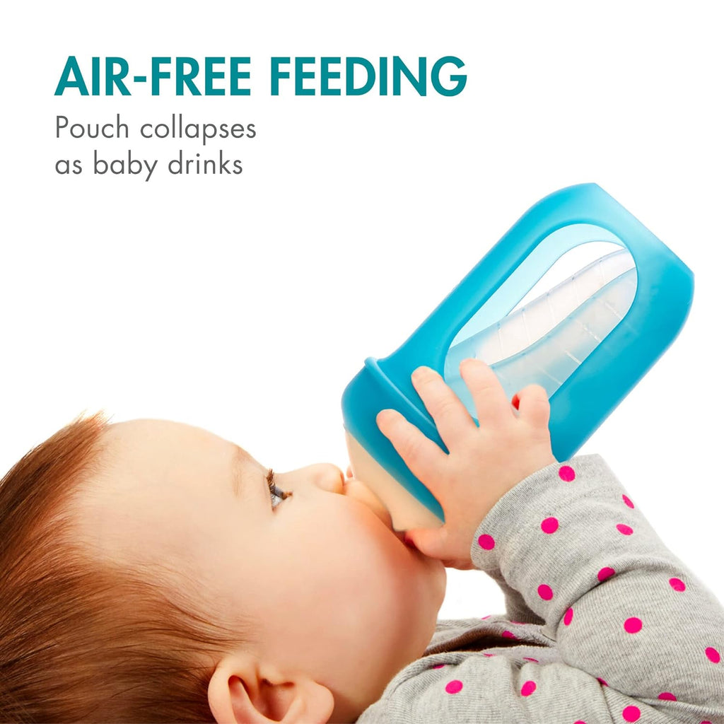 Tomy Boon Stage 2 Reusable Silicone Pouch Bottle with Medium Flow 8 Oz Pack of 3 Blue Age- 3 Months & Above