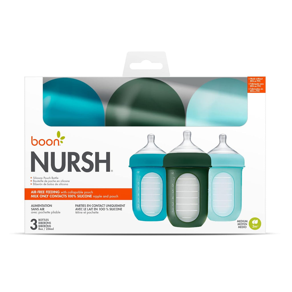 Tomy Boon Stage 2 Reusable Silicone Pouch Bottle with Medium Flow 8 Oz Pack of 3 Blue Age- 3 Months & Above