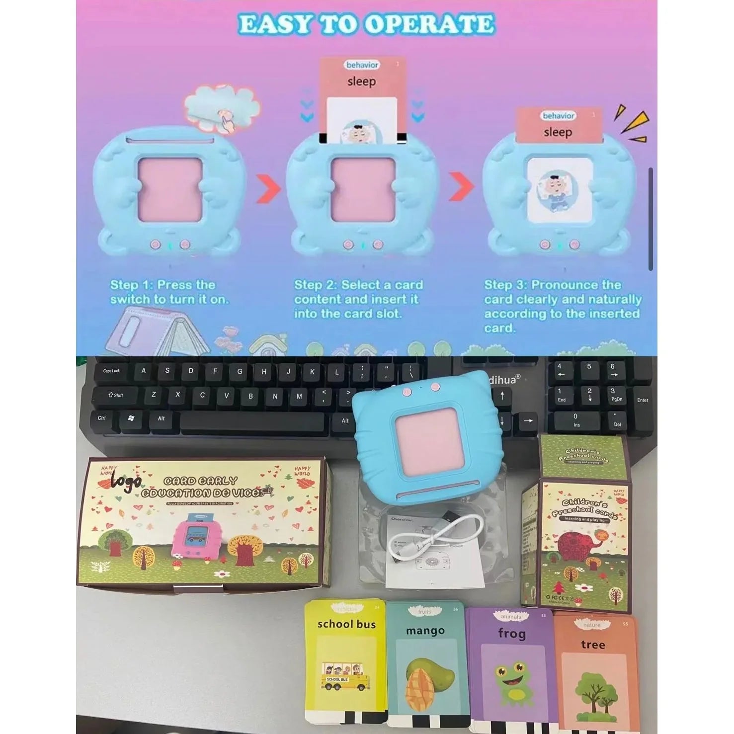 Pibi Talking Flash Cards with 112 Sight Words+USB Cable Montessori & Interactive Toddler Toys Blue Age- 12 Months & Above