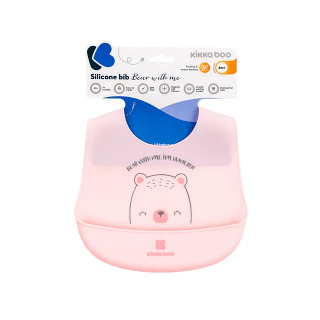 Kikkaboo Bear With Me Silicone Bib Pink Age- 4 Months & Above