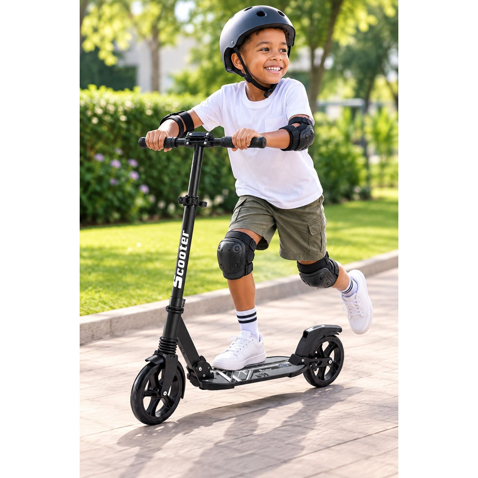 Pibi Foldable Adult Kick Scooter, Large 200mm Wheels, Height Adjustable, Black Age- 9 Years & Above