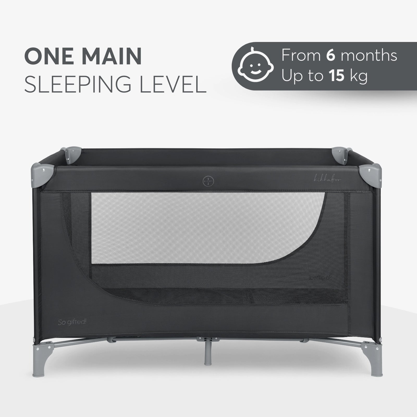 Kikkaboo So Gifted Level 1 2026 Model Foldable Baby Cot/Travel Bed Black Age-6 Months to 36 Months (Holds upto 15 Kg)