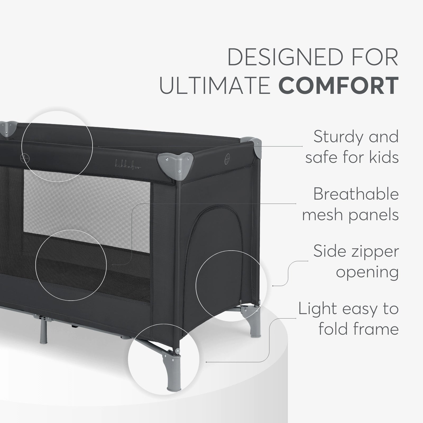 Kikkaboo So Gifted Level 1 2026 Model Foldable Baby Cot/Travel Bed Black Age-6 Months to 36 Months (Holds upto 15 Kg)