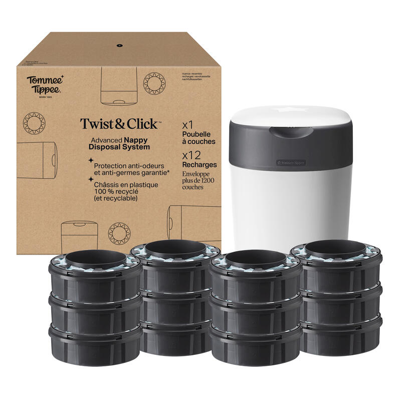 tommee tippee twist and click advanced nappy disposal sangenic + 12pcs refill white age- newborn & above