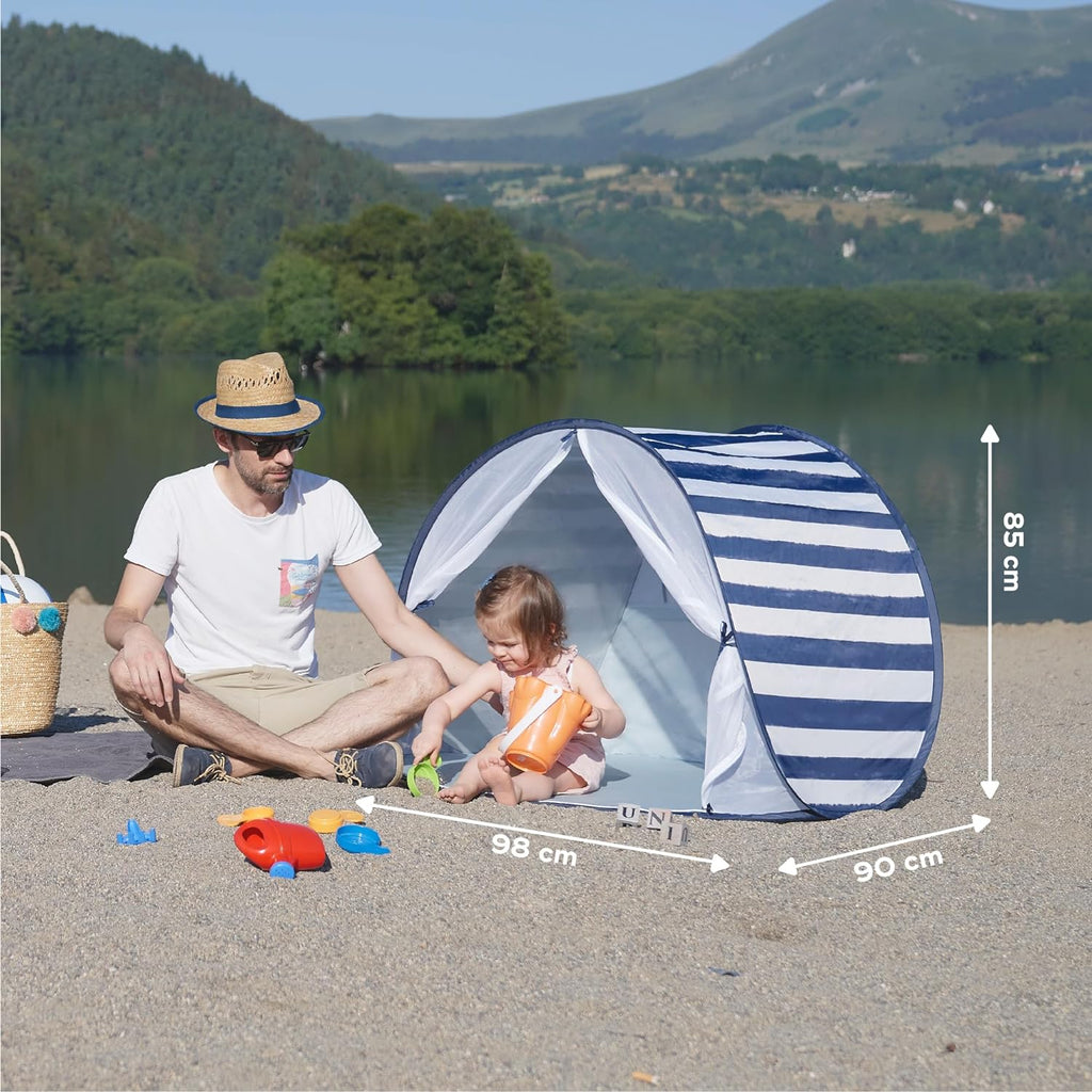 Babymoov Anti UV Tent with Pegs, Mosquito Net & Carry Bag Blue Stripe Age- 6 Months & Above