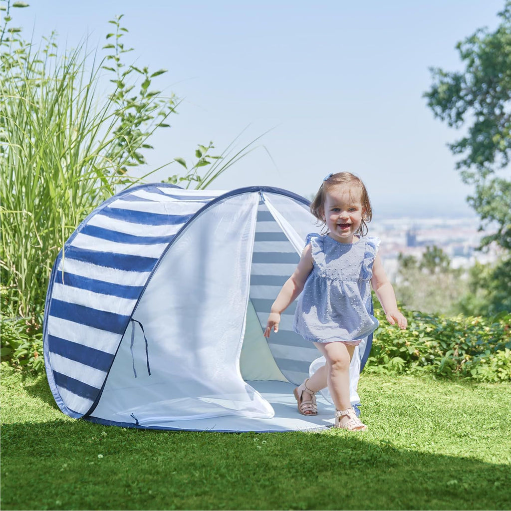 Babymoov Anti UV Tent with Pegs, Mosquito Net & Carry Bag Blue Stripe Age- 6 Months & Above