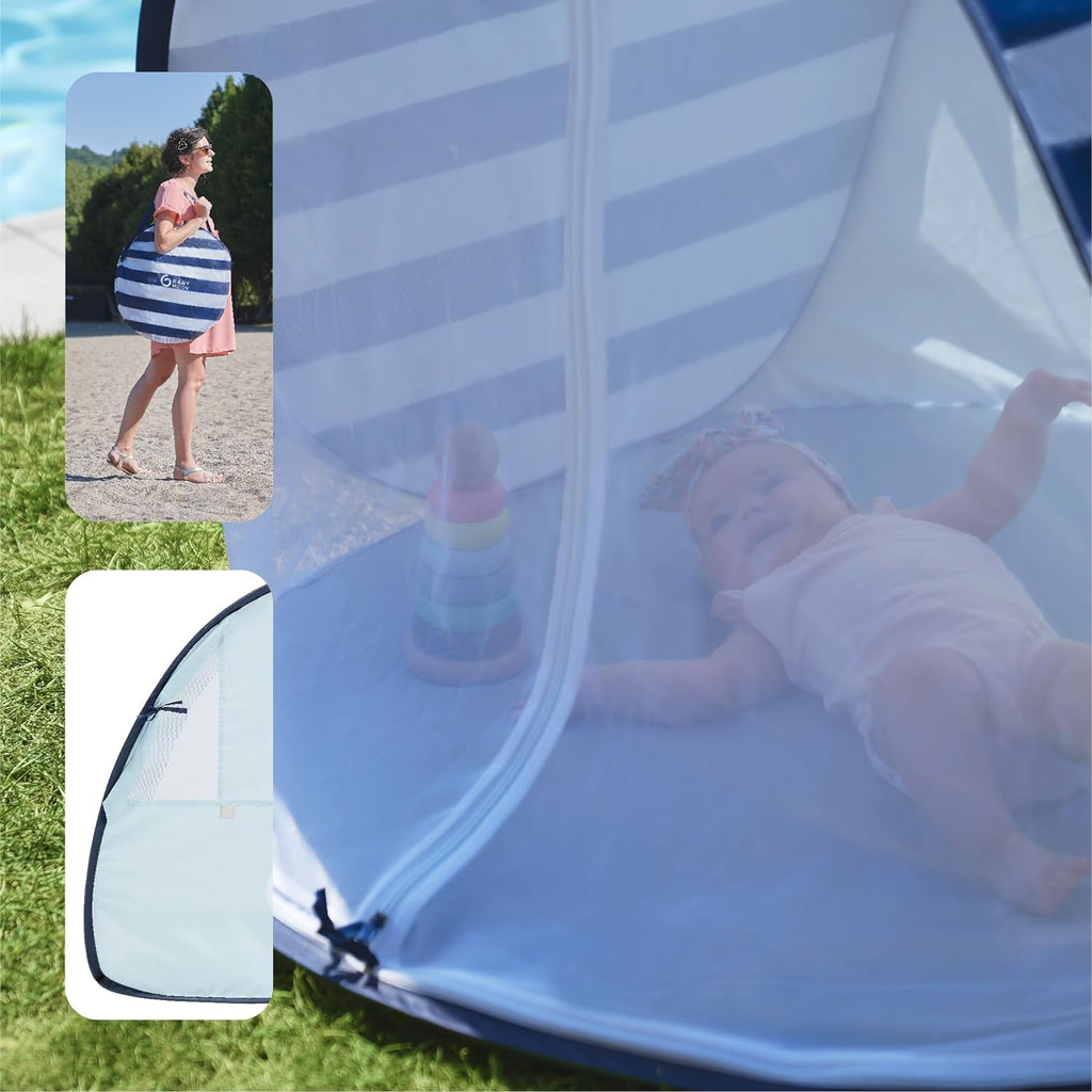 Babymoov Anti UV Tent with Pegs, Mosquito Net & Carry Bag Blue Stripe Age- 6 Months & Above