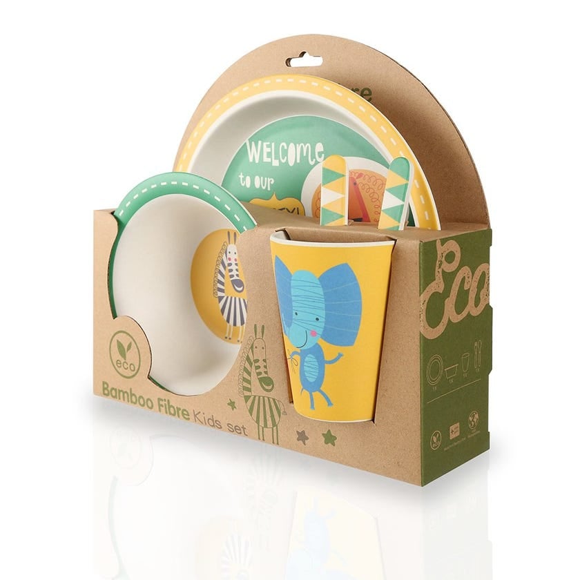 Bamboo Fiber 5-piece Kids Dinnerware Set, Yellow & Green