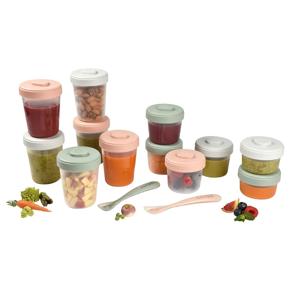 Beaba Baby Food Clip Container Set of 12 + 2 Spoons Eucalyptus Age- Newborn & Above