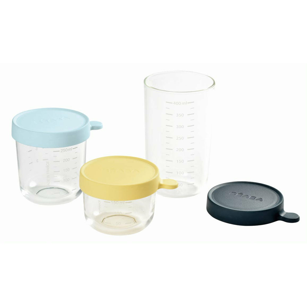 Beaba Conservation Jar Glass Set Of 3(150Ml /250Ml/400Ml) In Yellow, Light Blue And Dark Blue Age- 4 Months & Above