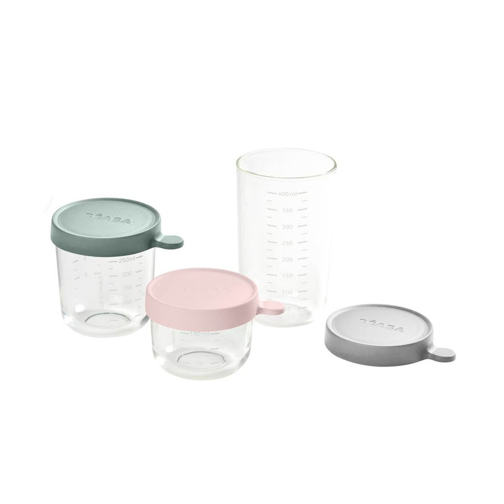 Beaba Conservation Jar Glass Set of 3 150ml / 250ml / 400ml Age 4m+ Pink/Eucalyptus Green/Light Mist