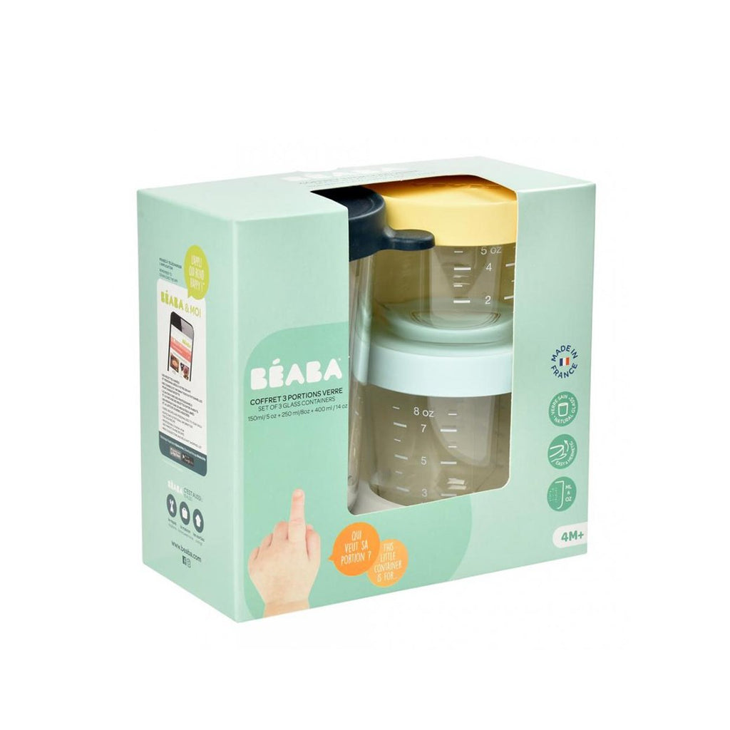 Beaba Conservation Jar Glass Set of 3 150ml / 250ml / 400ml Age 4m+ Pink/Eucalyptus Green/Light Mist