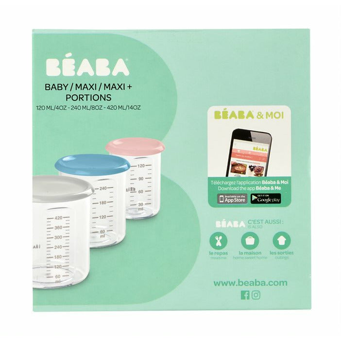 Beaba Portion Set Of 3 (120Ml / 240Ml / 420Ml) In Old Pink, Windy Blue And Grey Age- 4 Months & Above