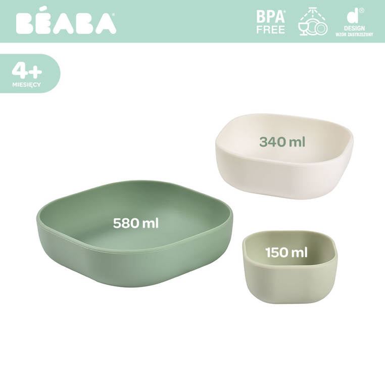 Béaba Set of 3 Silicone Bowls Sage Green/Cotton/Misty Green Age- 4 Months & Above