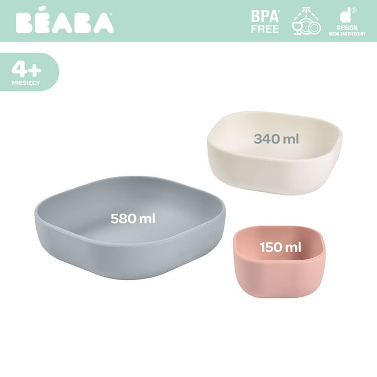 Béaba Set of 3 Silicone Bowls Velvet Grey/Cotton/Dusty Rose Age- 4 Months & Above