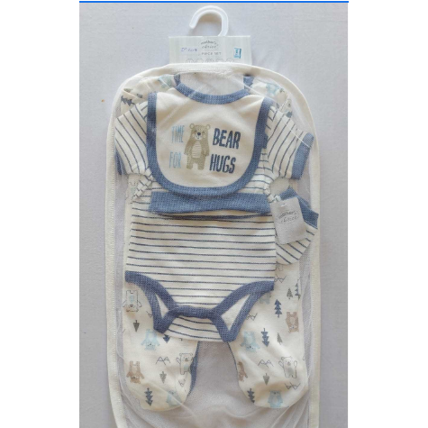 Bear Club Infants Knitted Set of 5 (Romper + Bodysuit + Bib + Cap + Mittens) White/Blue Age- Newborn to 6 Months
