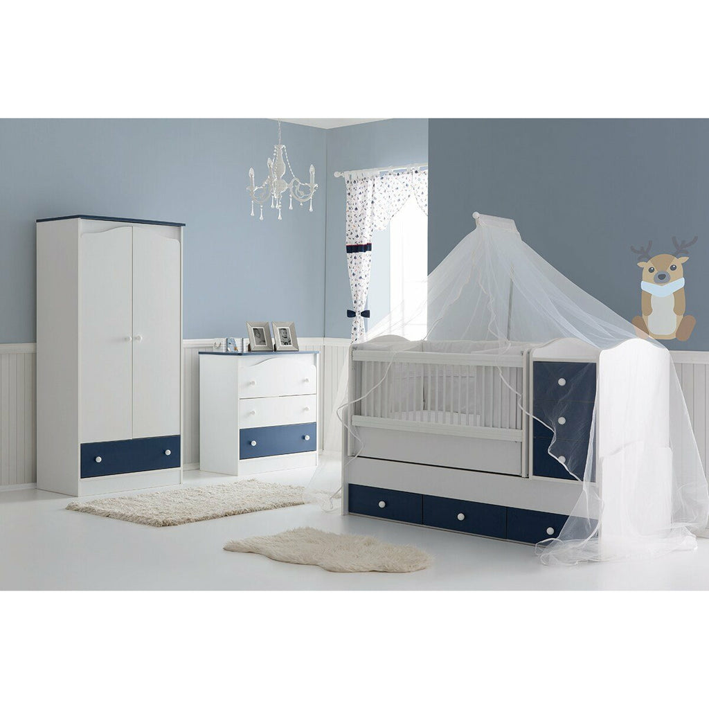 Belis Eva Baby Convertible Baby Bed with Drawers 60 x 170cm, Kingdom Blue