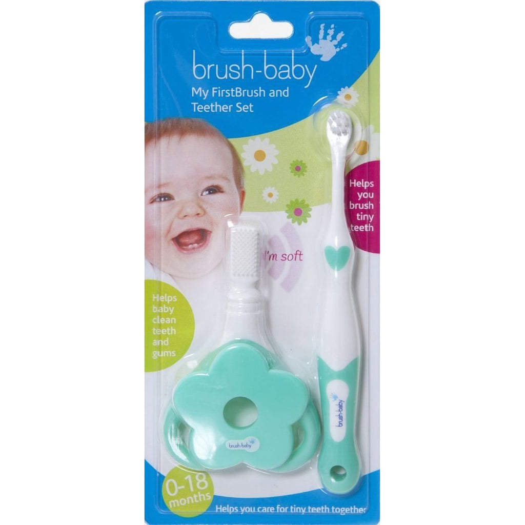Brush Baby First Brush Teether Set Teal + White Age- Newborn to 18 Months
