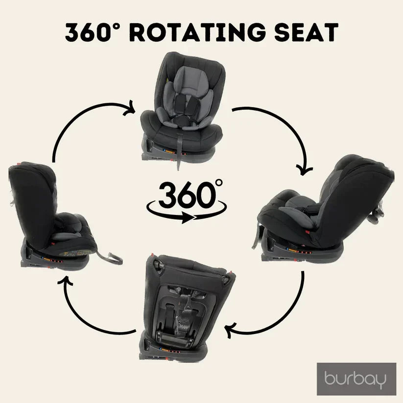 Burbay Grand ISOFIX 360 Rotatable Baby Car Seat Light Grey/Black Age- Newborn to 12 Years