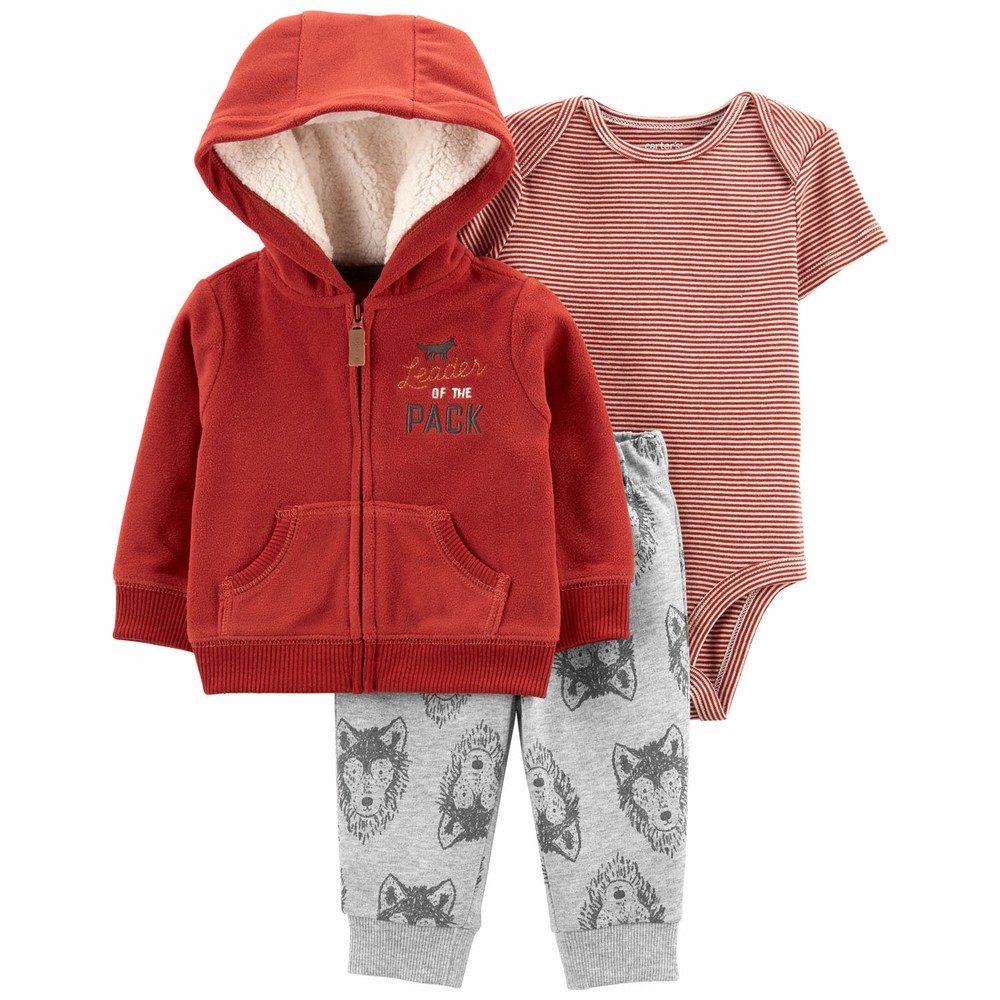 Carter's Infant Boys 3-Piece Wolf Zip-Up Hooded Fleece Jacket Set Red/Grey 1M725210